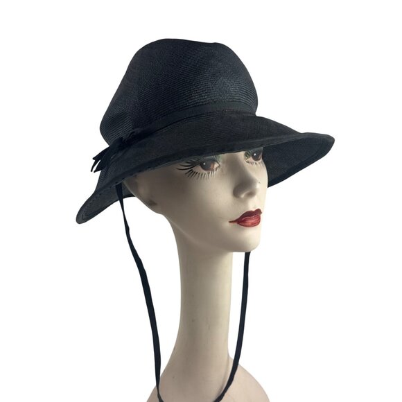 Vintage 60s Straw Sun Hat Womens Black Floppy With Chin Strap main image 9
